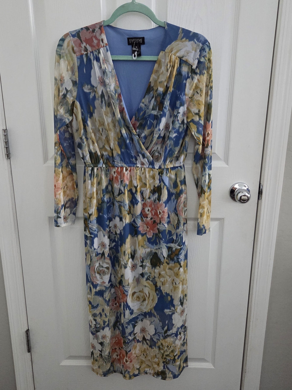 Enfocus Studio Blue Floral Surplice Long Sleeve Midi Dress